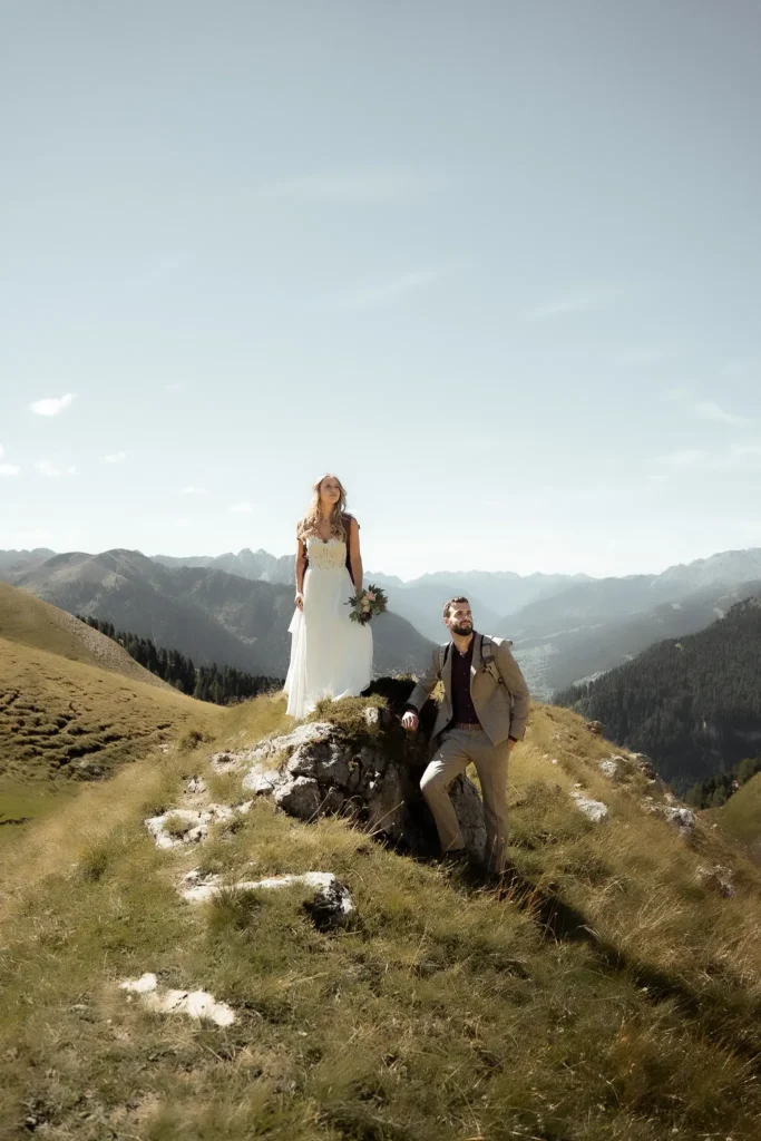 Bride and groom during an elopement in the Italian Dolomites