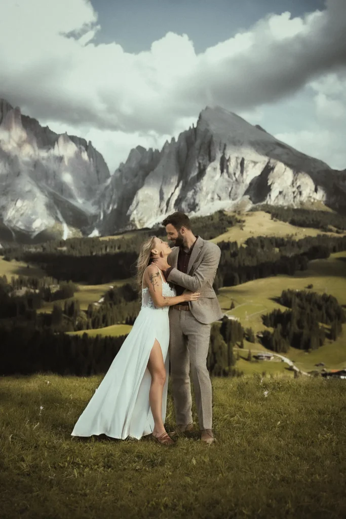 Bride and groom during an elopement in the Italian Dolomites