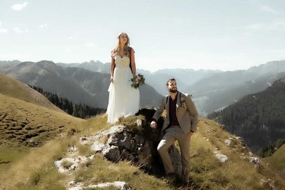Bride and groom during an elopement in the Italian Dolomites