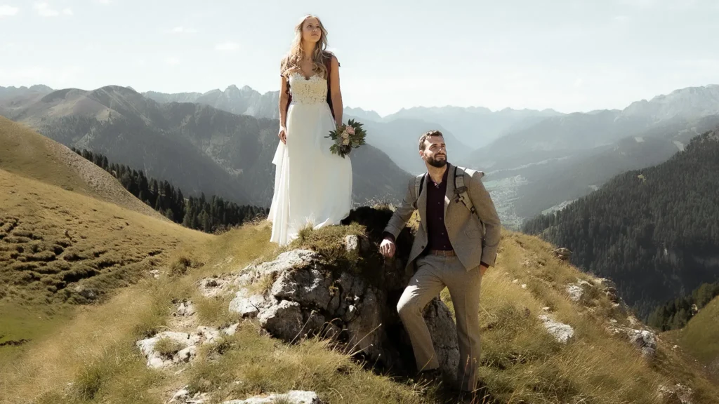 Bride and groom during an elopement in the Italian Dolomites