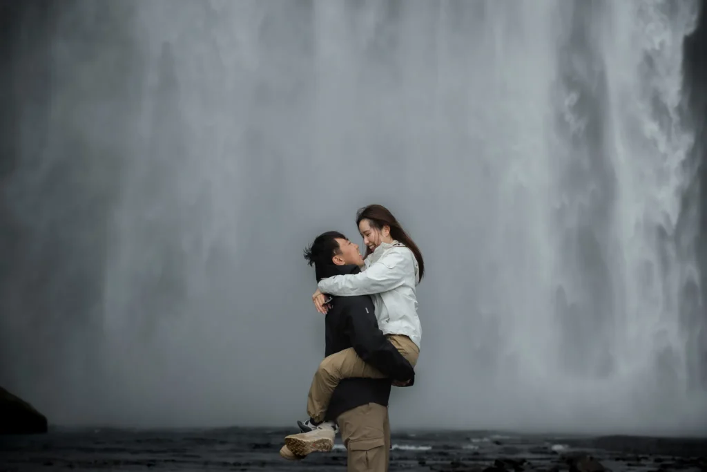 Skogafoss engagement photography in Iceland.