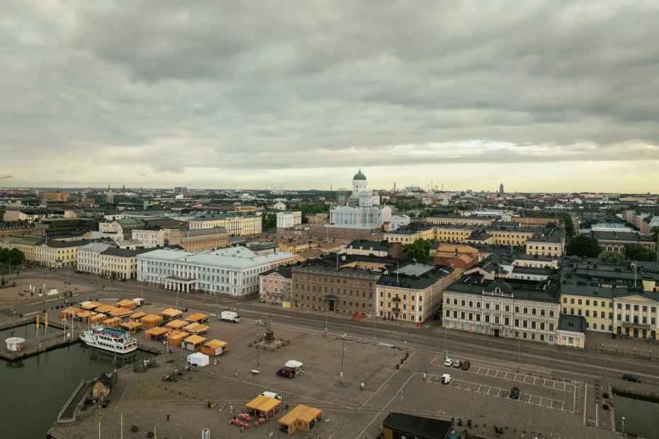 Aerial view of Helsinki Cathedral captured by a drone