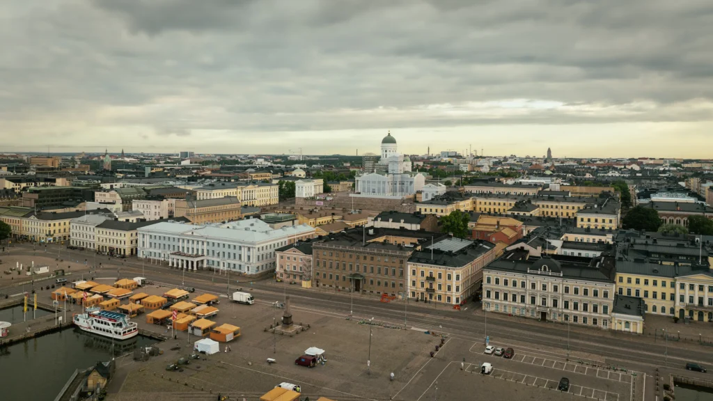 Aerial view of Helsinki Cathedral captured by a drone