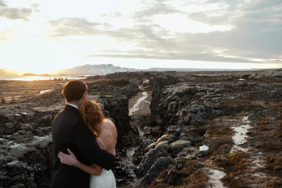 Winter elopement at sunset in Þingvellir National Park, Iceland
