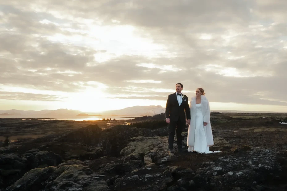 Winter elopement at sunset in Þingvellir National Park, Iceland