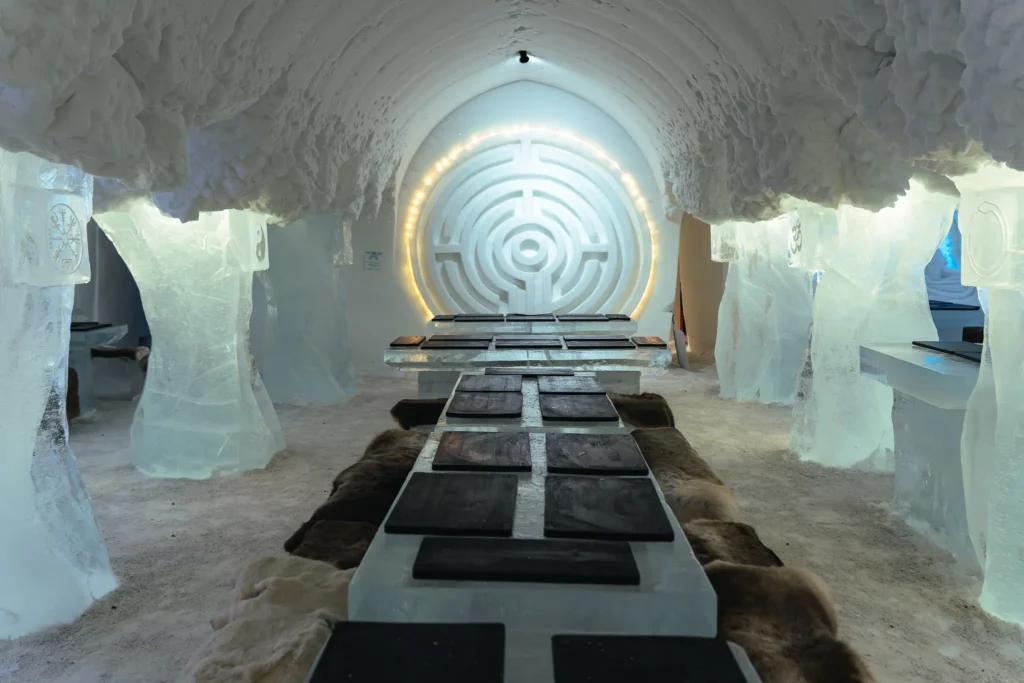 Ice restaurant at Sinettä Arctic Glass Igloos and Ice Hotel in Lapland