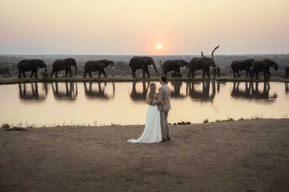 Safari elopement in South Africa at Jabulani Resort with bride and groom watching elephants at sunset