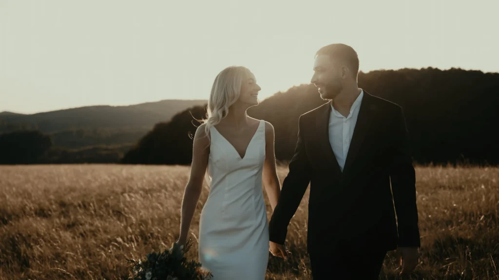 The bride and groom are walking through a field at sunset